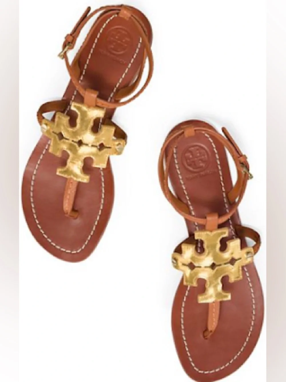 Tory Burch Phoebe Tan Leather Sandals with Gold Logo Accent Size 7